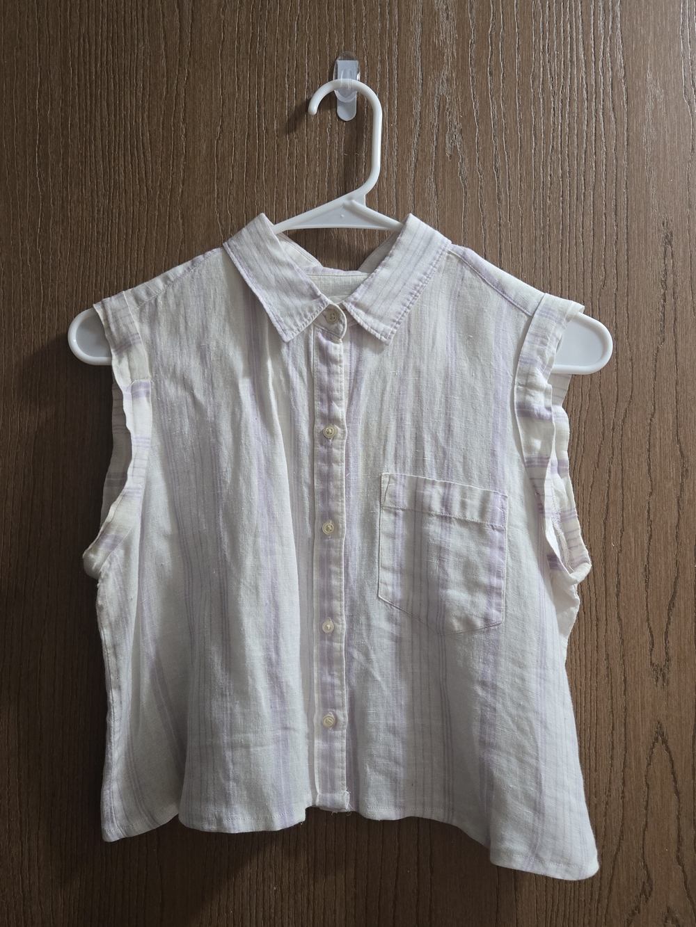 GAP Sleeveless Collared Button-Down LINEN Shirt White with Pale Lavender Stripes